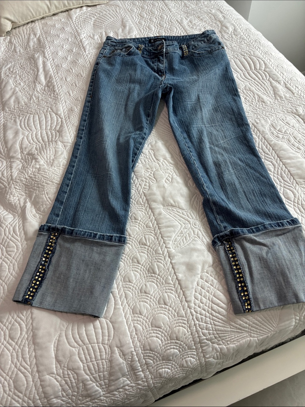 INC International Concepts Blue Women's Cuffed Jeans with Stud Detail